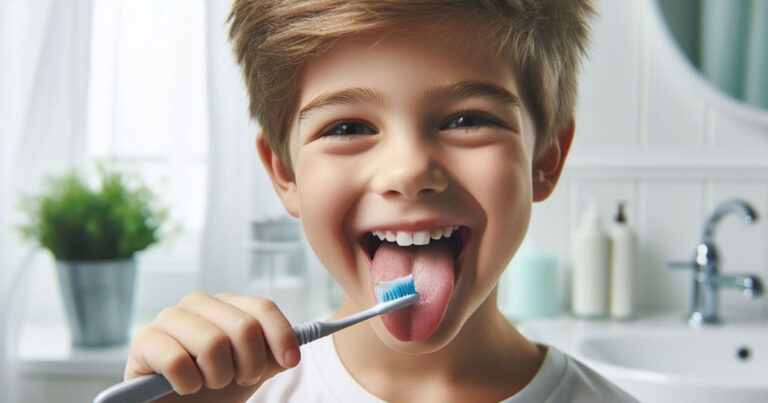 bambino pulisce lingua